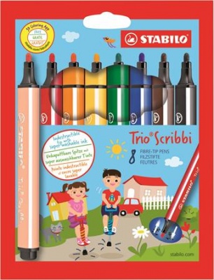 Filctoll készlet, 1,5-2 mm, rugós hegy, STABILO "Trio Scribbi", 8 különböző szín